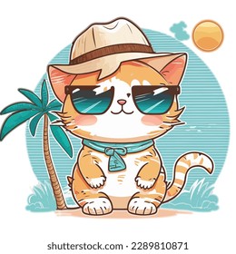 ilustración vectorial Cat en sombrero de verano en la playa, estilo lindo