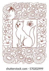 Vector illustration a cat surrounded by flowers looks at birdie. Work made by hand. Book Coloring anti-stress for adults and children.Brown and white.