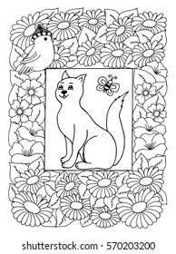 Vector illustration a cat surrounded by flowers looks at birdie. Work made by hand. Book Coloring anti-stress for adults and children. Black and white.