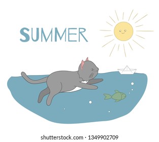 Vector illustration of a cat swimming in water with a fish and paper ship under the sun. Cute kitten clip art. Cartoon style picture for children
