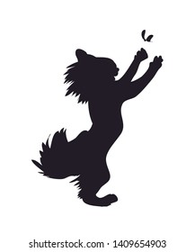 vector illustration of a cat that hunts for a butterfly, drawing silhouette, vector, white background