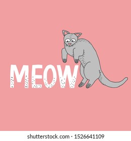 Vector illustration of a cat that jumps on a word "Meow". Cute hand drawn illustration.