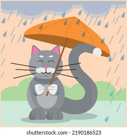 Vector illustration of a cat with an umbrella in its paw under the rain. Autumn picture