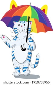 Vector illustration of a cat with an umbrella. Cat under an umbrella. Weather.