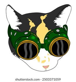 Vector illustration of a cat in a unique steampunk style, ideal for retro-futuristic themed poster or event invitation designs.