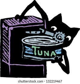 Vector illustration of cat using can opener to open can of tuna