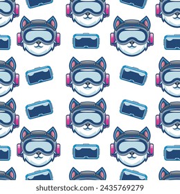 Vector Illustration of Cat and VR Glasses with Vintage Hand Drawing Style Available for Pattern