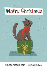 Imagen vectorial de un gato esperando Navidad y Año Nuevo. Plantilla de tarjeta de felicitación en estilo plano