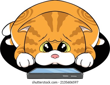 A Vector Illustration Of A Cat Waiting For A Phone Call