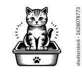 Vector illustration of a cat walking toward its litter box in clean line art style. Simple monochrome design showing feline movement and daily routine. Minimalist, hand-drawn black outline
