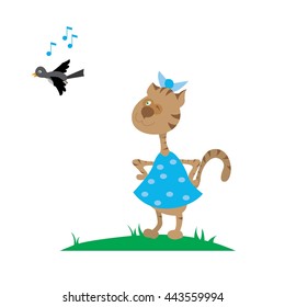 vector illustration. the cat is watching a flying bird. Cartoon