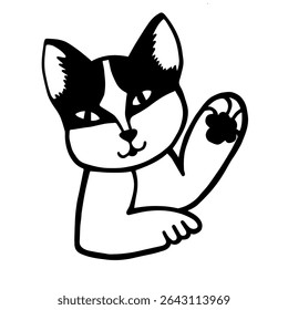 Vector illustration of a cat waving its paw. Greeting cat.