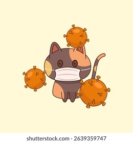 Vector illustration of a cat wearing a mask surrounded by viruses, graphic design for zoonotic diseases theme