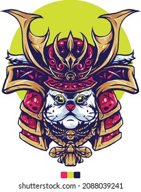 vector illustration of a cat wearing a samurai helmet for t-shirt and sticker design poster