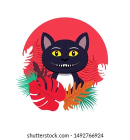 Vector illustration of cat, which have a smile like a Cheshire cat. Bright circle frame with colorful tropic leaves. Tricky animal character face for t-shirt print, happy Halloween greeting card.