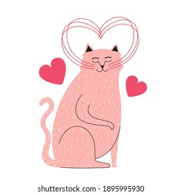 Vector illustration of cat with whiskers making shape of heart. Cute and romantic print design with pet. Greeting card template with domestic animal