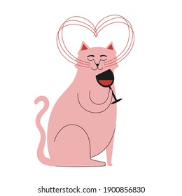 Vector illustration of cat with whiskers making shape of heart and holding glass of red wine. Funny colored print design with domestic animal, home decoration poster