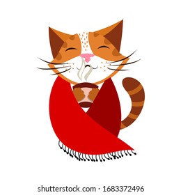 Vector illustration of a cat who drinks coffee. Design element for posters, cards, prints and other uses.