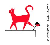Vector illustration with cat who pushed a glass of red wine with his foot. Funny print design with domestic animal 