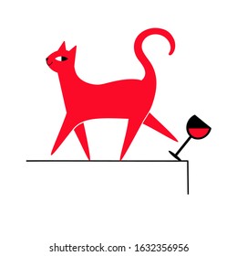 Vector illustration with cat who pushed a glass of red wine with his foot. Funny print design with domestic animal 