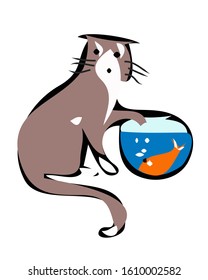 Vector - Illustration of  cat who wants to catch the fish from aquarium, vector cartoon image. 