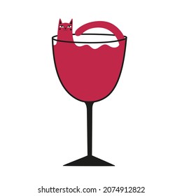 Ilustración vectorial con gato en vaso de vino. Gracioso diseño de impresión con animales domésticos y alcohol. Plantilla de póster de decoración de paredes de barras. 