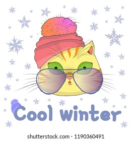 Vector illustration. Cat in the winter hat. Vector snowflakes. Cool winter. Cat in the glasses. Winter illustration.