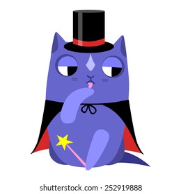 Vector illustration of a cat wizard in cartoon style.