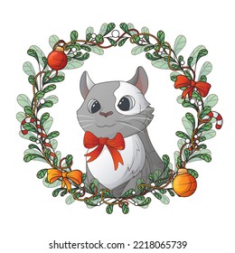 Vector illustration of cat with wreath. Christmas wreath with mistletoe, bows, toys. For postcard design, New Year and Christmas decoration.