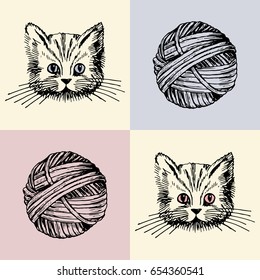 Vector illustration. Cat and yarn ball print. Pen drawn style.