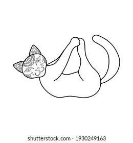 Vector illustration with a cat. Yogi cat. Stylized cat. Linear beautiful patterns on a cat's head. Poster with a cat.