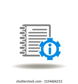 Vector illustration of catalog or book with gear and information sign. Icon of user manual. Symbol of user guide. Sign of instructions.