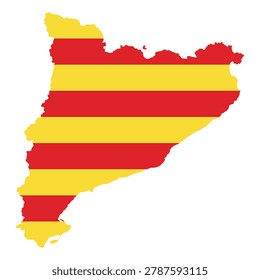 Vector illustration of Catalonia in the shape of its regional outline, filled with the Catalan flag colors. Clean flat design featuring yellow background with red horizontal stripes (Senyera). Minimal geographic silhouette suitable for education, travel, and infographic use. Isolated scalable composition for digital and print projects.