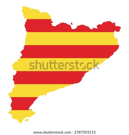 Vector illustration of Catalonia in the shape of its regional outline, filled with the Catalan flag colors. Clean flat design featuring yellow background with red horizontal stripes (Senyera). Minimal geographic silhouette suitable for education, travel, and infographic use. Isolated scalable composition for digital and print projects.