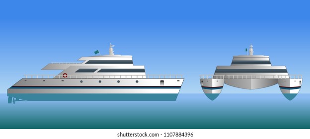 Vector illustration of a catamaran. Design of a sea ship. Sea catamaran on a blue background.
