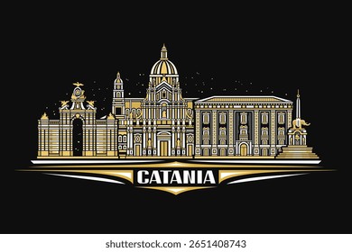 Vector illustration of Catania, dark horizontal card with linear design historical catania city scape on nighttime sky background, urban line art concept with unique brush lettering for text catania