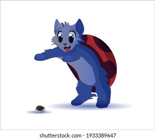 Vector illustration. catbug. The kitten is played with the beetle. Colorful drawing