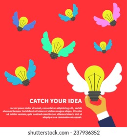 Vector Illustration Of Catch Idea Concept For Design, Website, Background Banner. Infographic Business Template For Presentation Creative Team. Brainstorm Flyer.