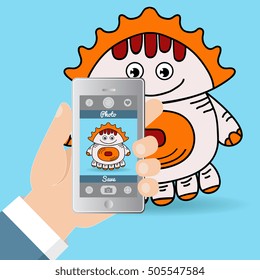 Vector illustration. Catch monsters on your phone, an application for a mobile phone game walking in the park. 