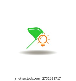 Vector illustration of catching butterfly net with light bulb. Symbol of catch idea. Icon of catching ideas.