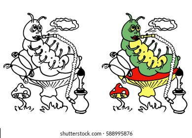 Vector illustration, Caterpillar with a hookah for tale Alice in Wonderland. Coloring book pages for kids.
