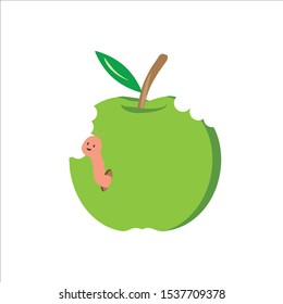 Vector illustration of caterpillar on Green Apple with green leave isolated on white background. Flat design illustration.