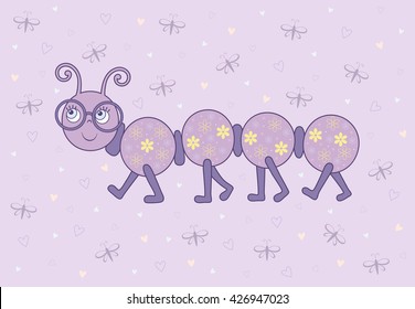 Vector illustration of caterpillar on violet background with hearts and butterflies