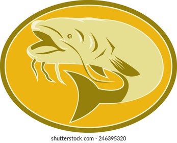 vector illustration of a catfish fish swimming set inside ellipse done in art deco retro style.