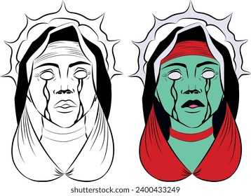 Vector illustration of catholic nun crying with black tears. Beautiful mystical girl, gothic evil witch. Mysticism, religion, occultism. tattoo style