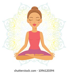 Vector illustration of catroon yoga girl sitting in meditation pose with mandala background. Vector yoga woman character. 