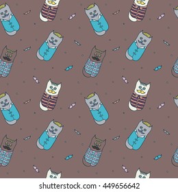 vector illustration with cats, brown background, doodle