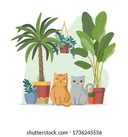 Vector illustration with cats, cactus, palm tree,  plants. Flat design. Great for postcards, prints, posters, stickers, etc.