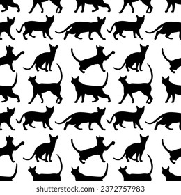 Vector illustration of cats in different poses. Animal print for pet store. Pet print. Pattern of silhouettes of cats from different angles.