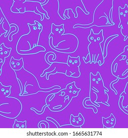 Vector illustration of cats in funny poses and emotions. Turquoise purple neon seamless pattern, great element for your design.